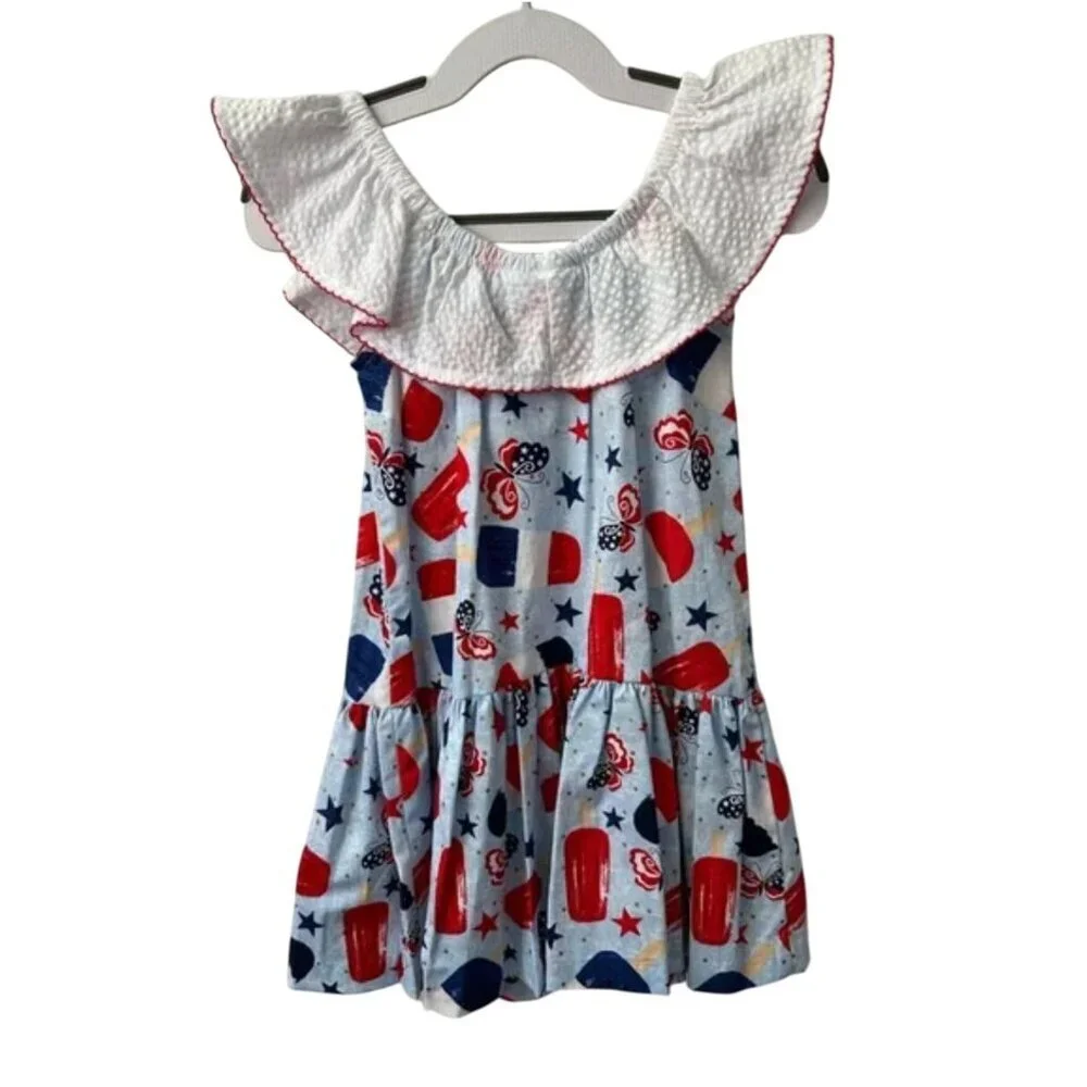 Bonnie Jean Girls Patriotic Popsicle Dress Ruffle Neck Size 2/2T Americana Summe